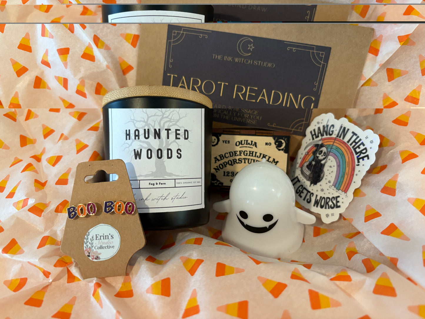 BOO Halloween Gift Set – "BOO" Stud Earrings, Haunted Woods Candle, 3-Card Tarot Reading, Ouija Matchbox, Grim Reaper Sticker & Light-Up Ghost for Halloween Lovers