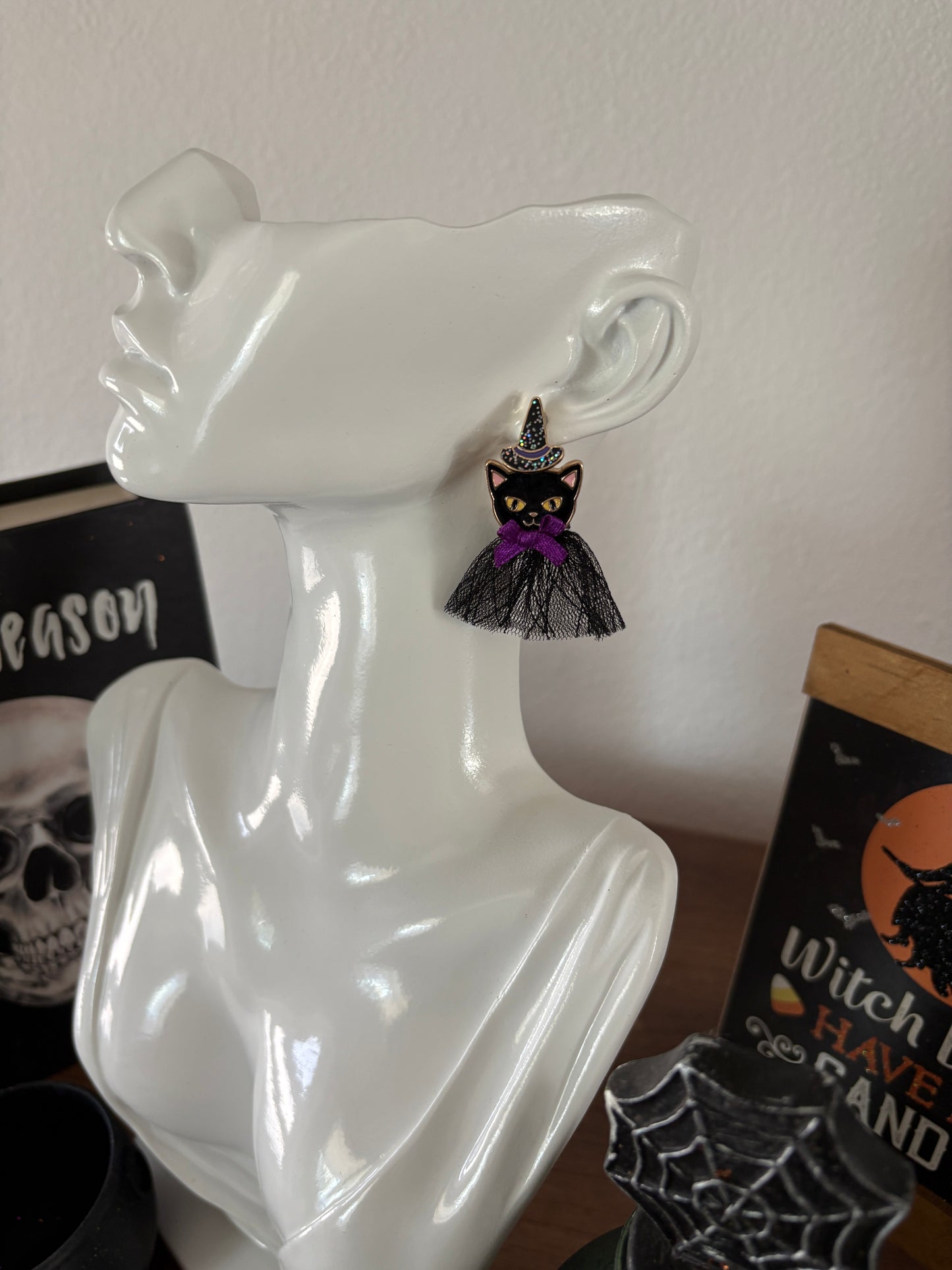 Halloween Earrings-Black Cat Witch