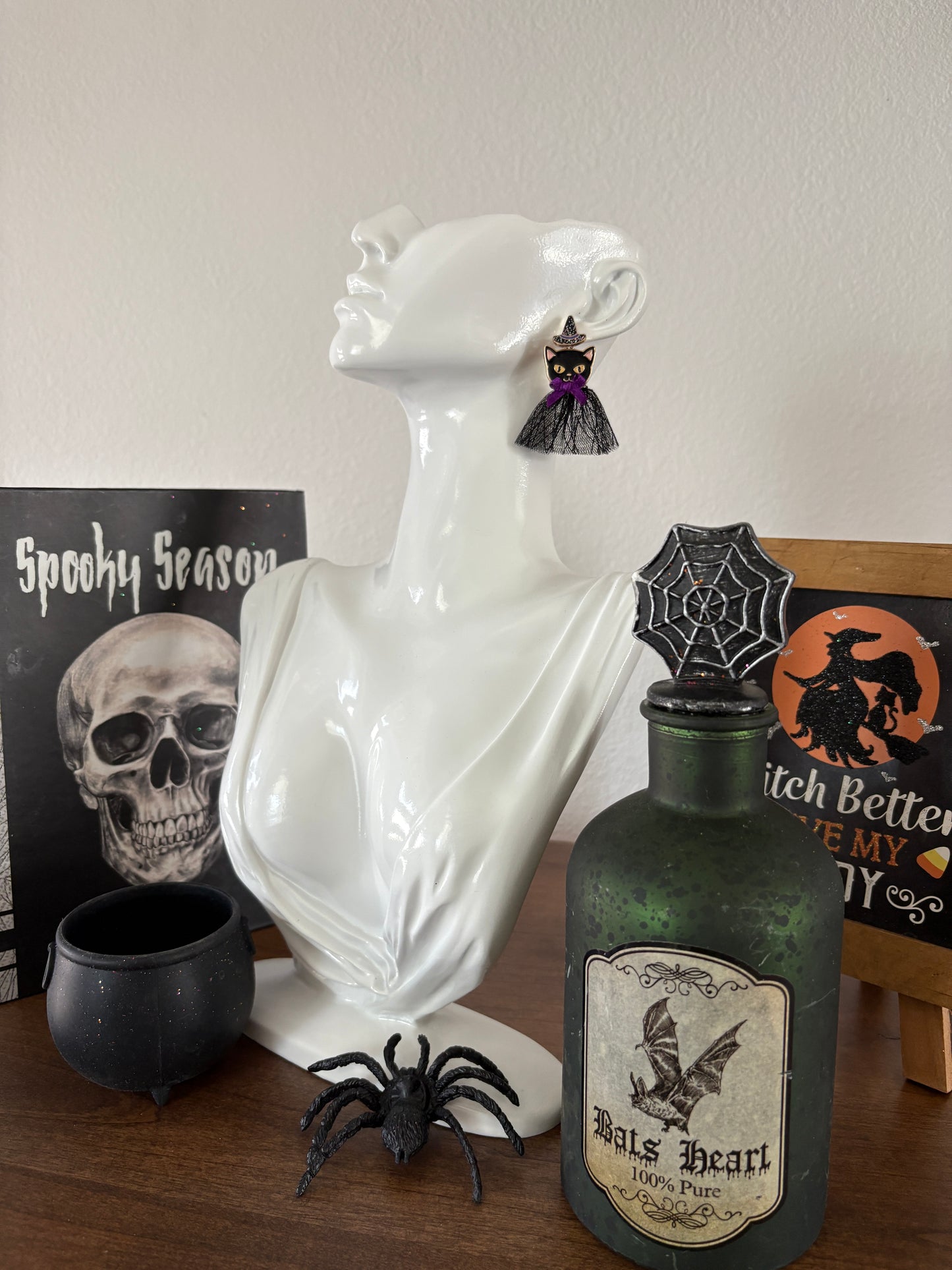 Halloween Earrings-Black Cat Witch