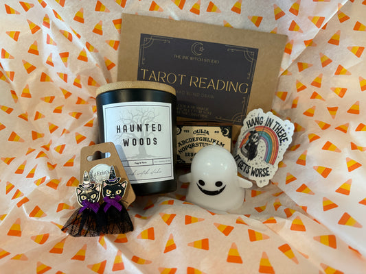 Black Cat Witch Halloween Gift Set – Dangle Earrings, Haunted Woods Candle, 3-Card Tarot Reading, Wooden Ouija Board Matchbox, Grim Reaper Sticker & Light-Up Ghost for Halloween Enthusiasts