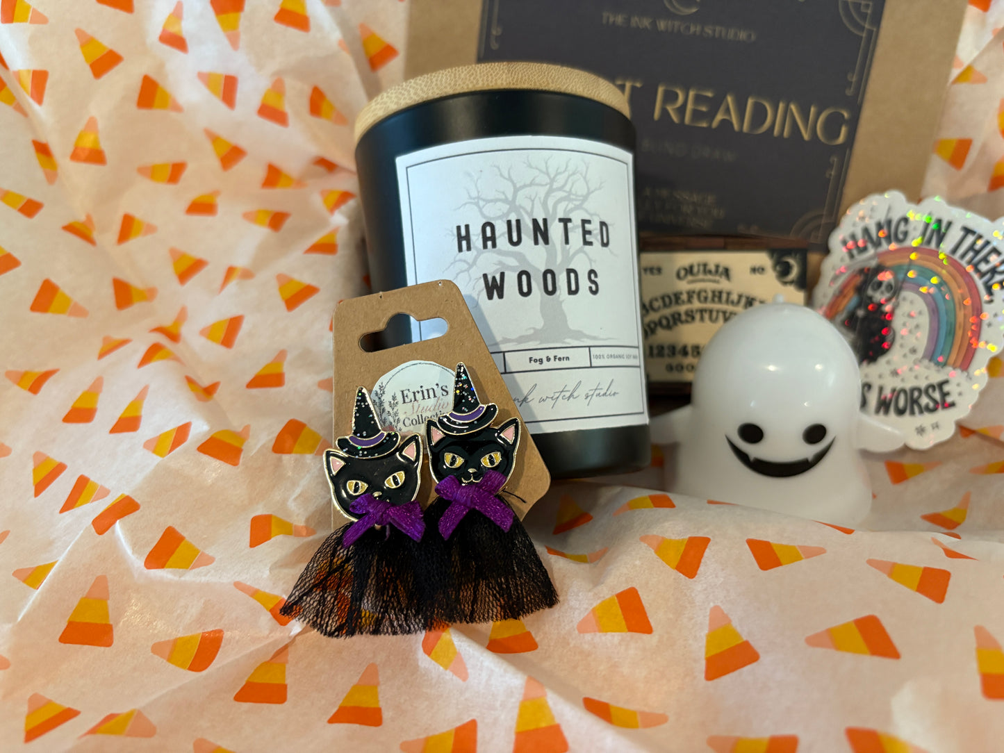 Black Cat Witch Halloween Gift Set – Dangle Earrings, Haunted Woods Candle, 3-Card Tarot Reading, Wooden Ouija Board Matchbox, Grim Reaper Sticker & Light-Up Ghost for Halloween Enthusiasts