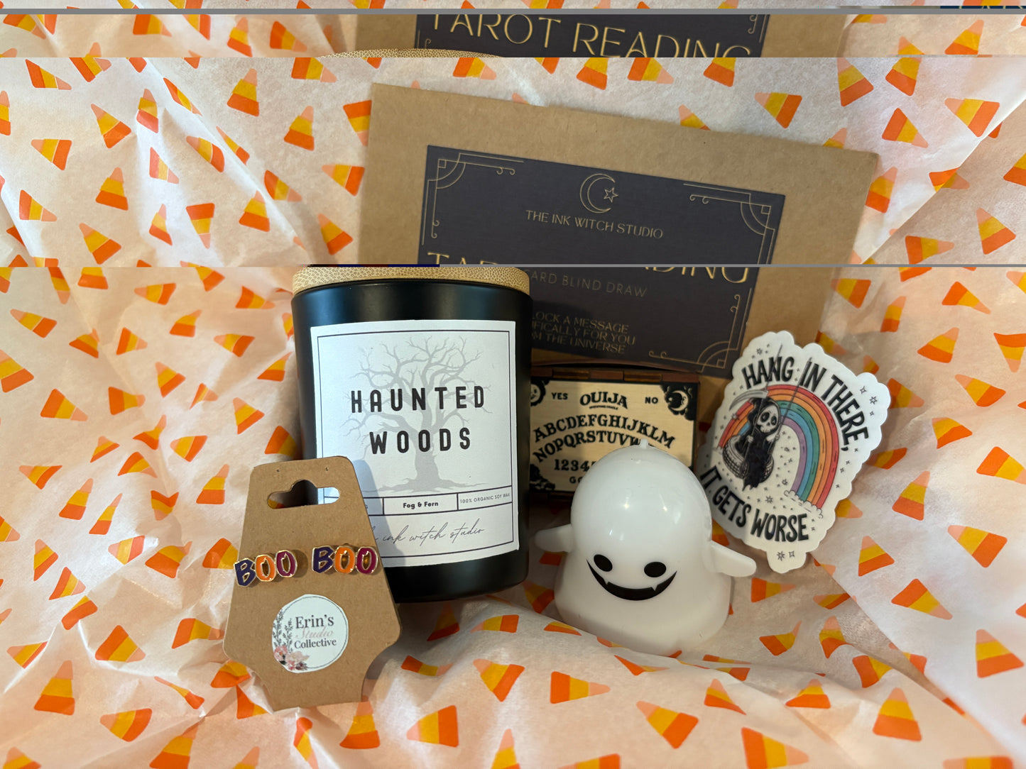 BOO Halloween Gift Set – "BOO" Stud Earrings, Haunted Woods Candle, 3-Card Tarot Reading, Ouija Matchbox, Grim Reaper Sticker & Light-Up Ghost for Halloween Lovers
