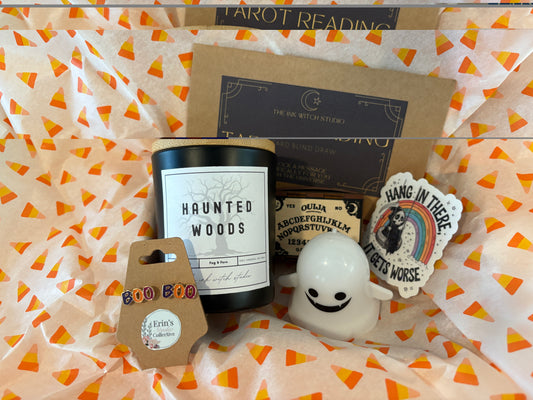 BOO Halloween Gift Set – "BOO" Stud Earrings, Haunted Woods Candle, 3-Card Tarot Reading, Ouija Matchbox, Grim Reaper Sticker & Light-Up Ghost for Halloween Lovers