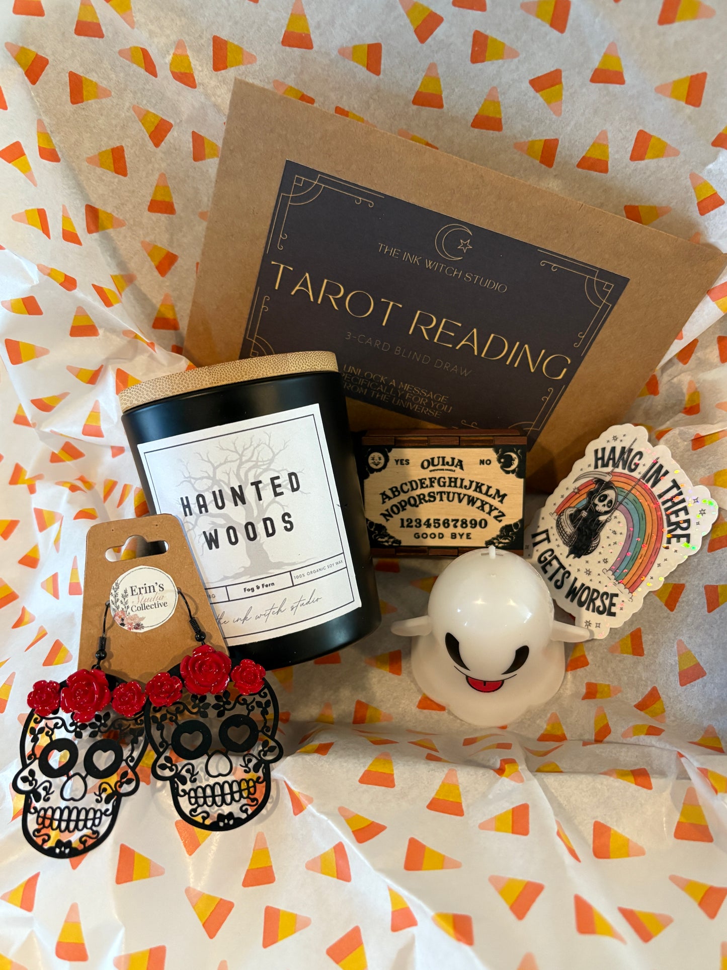 Sugar Skull Halloween Gift Set – Red Rose Earrings, Haunted Woods Candle, Tarot Reading, Wooden Matchbox, Grim Reaper Sticker & Light-Up Ghost