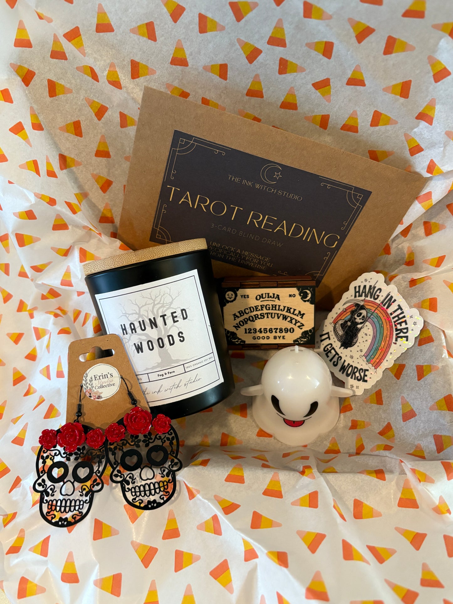 Sugar Skull Halloween Gift Set – Red Rose Earrings, Haunted Woods Candle, Tarot Reading, Wooden Matchbox, Grim Reaper Sticker & Light-Up Ghost