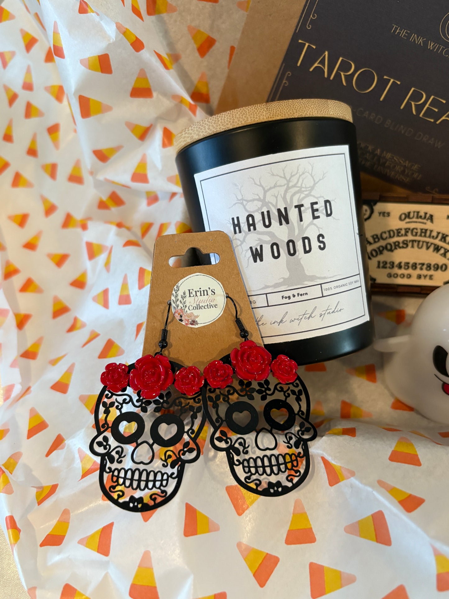 Sugar Skull Halloween Gift Set – Red Rose Earrings, Haunted Woods Candle, Tarot Reading, Wooden Matchbox, Grim Reaper Sticker & Light-Up Ghost
