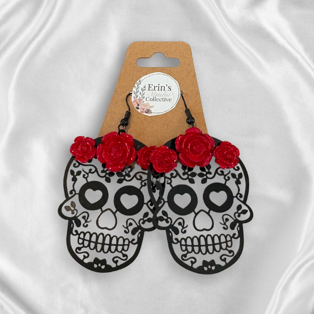 Sugar Skull Halloween Gift Set – Red Rose Earrings, Haunted Woods Candle, Tarot Reading, Wooden Matchbox, Grim Reaper Sticker & Light-Up Ghost