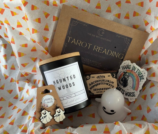 Spooky Ghosts with Knife Gift Set - Ghost Dangle Earrings, 3-Card Tarot Reading, Haunted Woods Candle, Wooden Ouija Board Matchbox, Grim Reaper Sticker & Light-Up Ghost for Halloween Lovers - Halloween Statement Jewelry