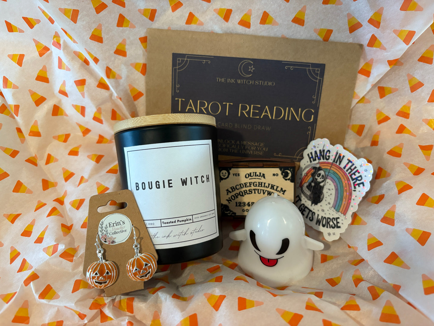 Bougie Witch Halloween Gift Set – Jack-O’-Lantern Dangle Earrings, 3-Card Tarot Reading, Bougie Witch Candle, Wooden Ouija Board Matchbox, Grim Reaper Sticker & Light-Up Ghost for Halloween Lovers