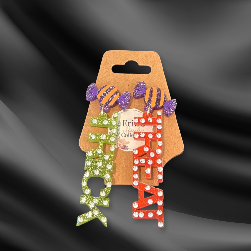 Trick or Treat Halloween Gift Set – "TRICK" or "TREAT" Dangle Earrings, Haunted Woods Candle, 3-Card Tarot Reading, Ouija Board Wooden Matchbox, Grim Reaper Sticker & Light-Up Ghost Perfect Gift for Halloween Lovers